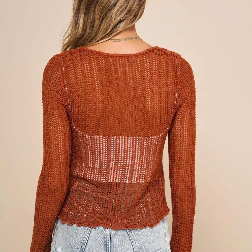 Lulus Weekend Layers Rust Brown Loose Crochet Knit Sweater Top Size S - Picture 3 of 7